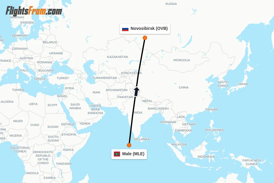 Flights from Male to Novosibirsk route map