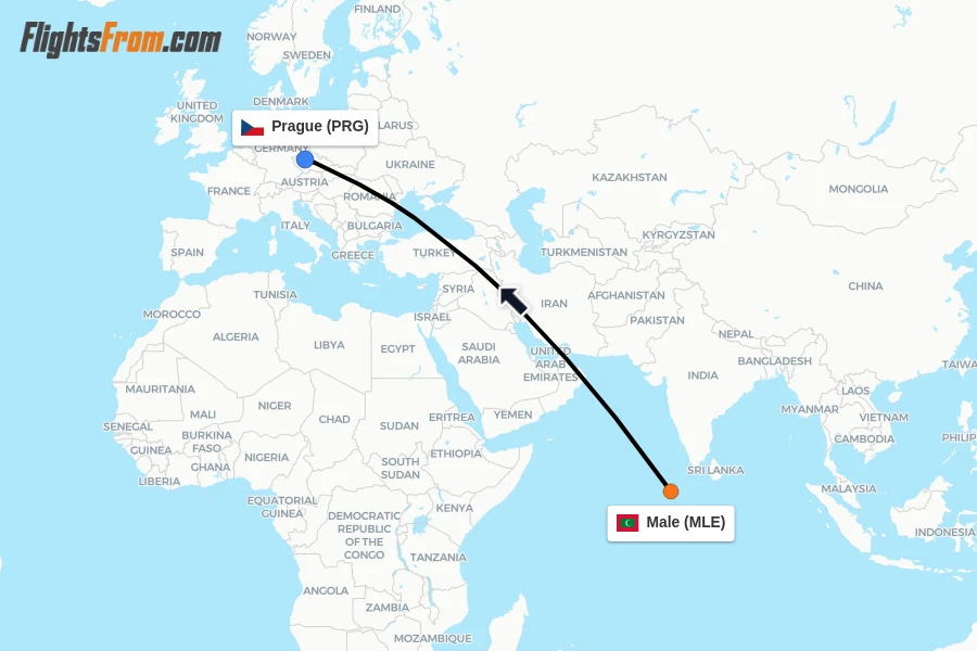 Flights from Male to Prague route map