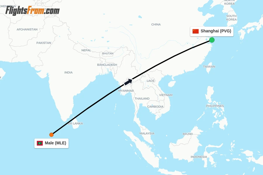 Flights from Male to Shanghai route map