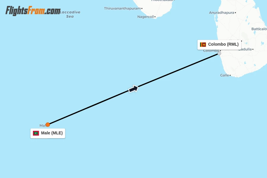 Flights from Male to Colombo route map