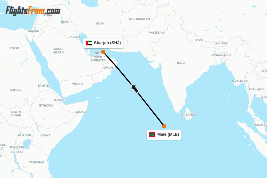 Flights from Male to Sharjah route map