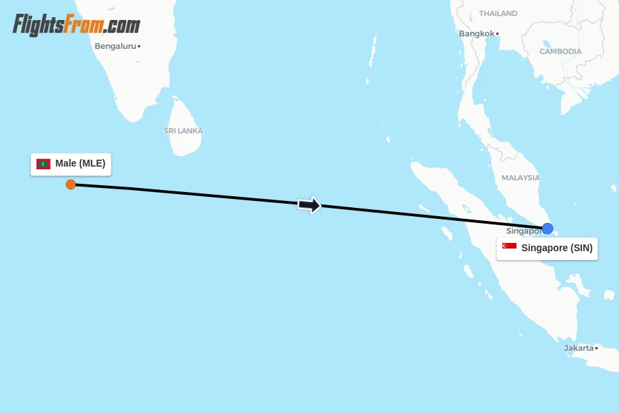Flights from Male to Singapore route map