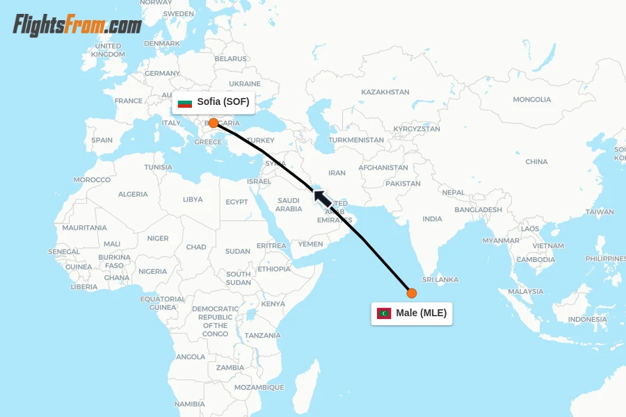 Flights from Male to Sofia route map