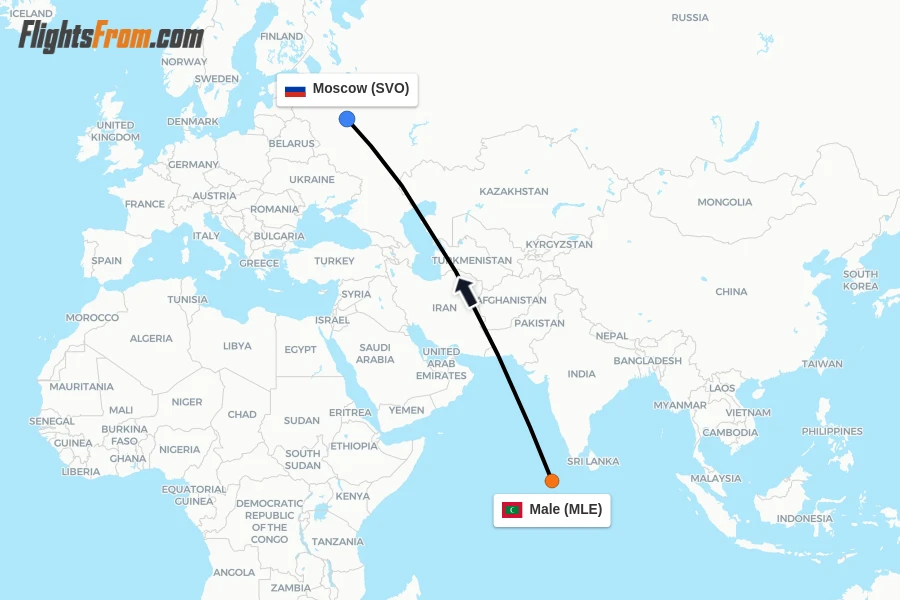 Flights from Male to Moscow route map