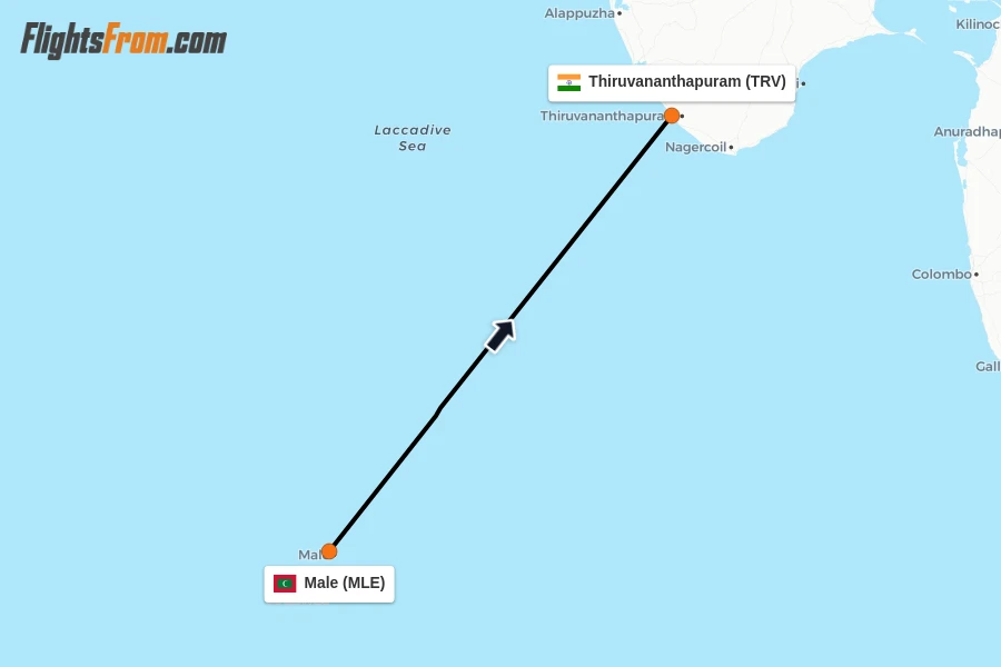 Flights from Male to Thiruvananthapuram route map