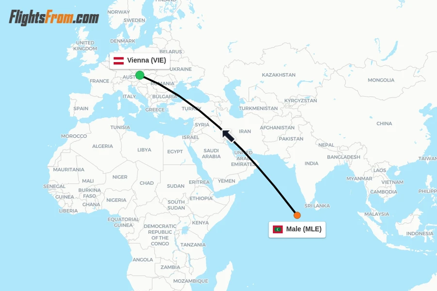 Flights from Male to Vienna route map