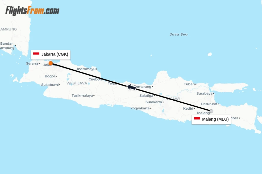 Flights from Malang to Jakarta route map
