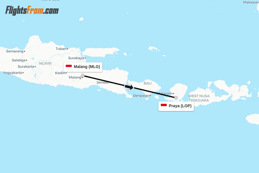 Flights from Malang to Praya route map