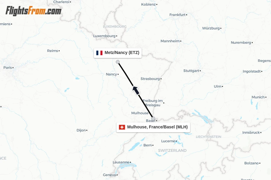 Flights from Mulhouse, France/Basel to Metz/Nancy route map