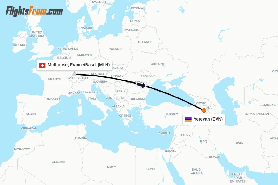 Flights from Mulhouse, France/Basel to Yerevan route map