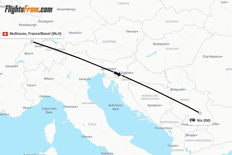 Flights from Mulhouse, France/Basel to Nis route map