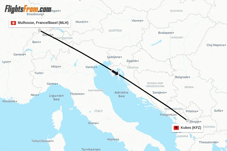 Flights from Mulhouse, France/Basel to Kukes route map