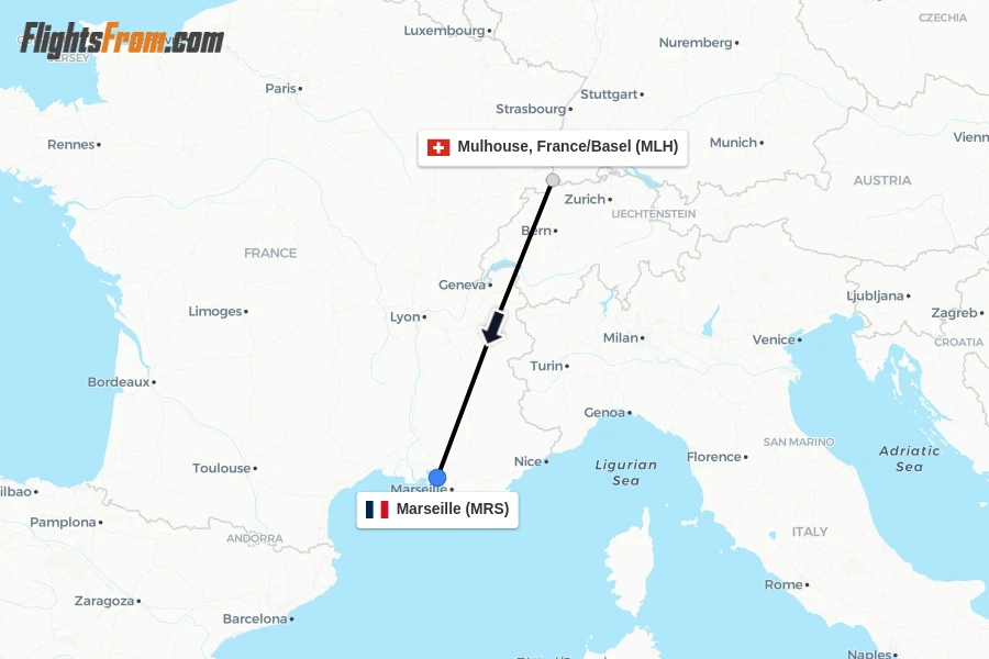 Flights from Mulhouse, France/Basel to Marseille route map