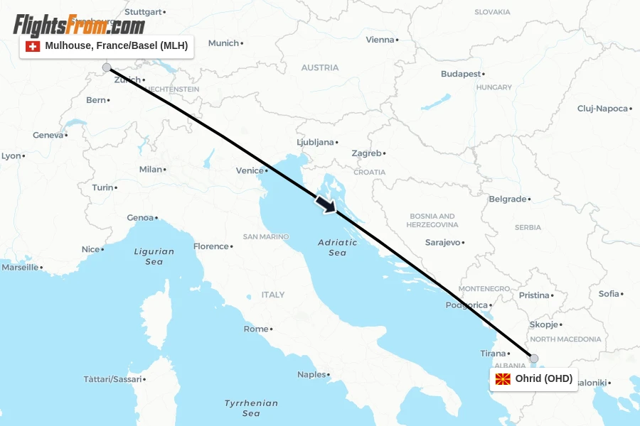 Flights from Mulhouse, France/Basel to Ohrid route map