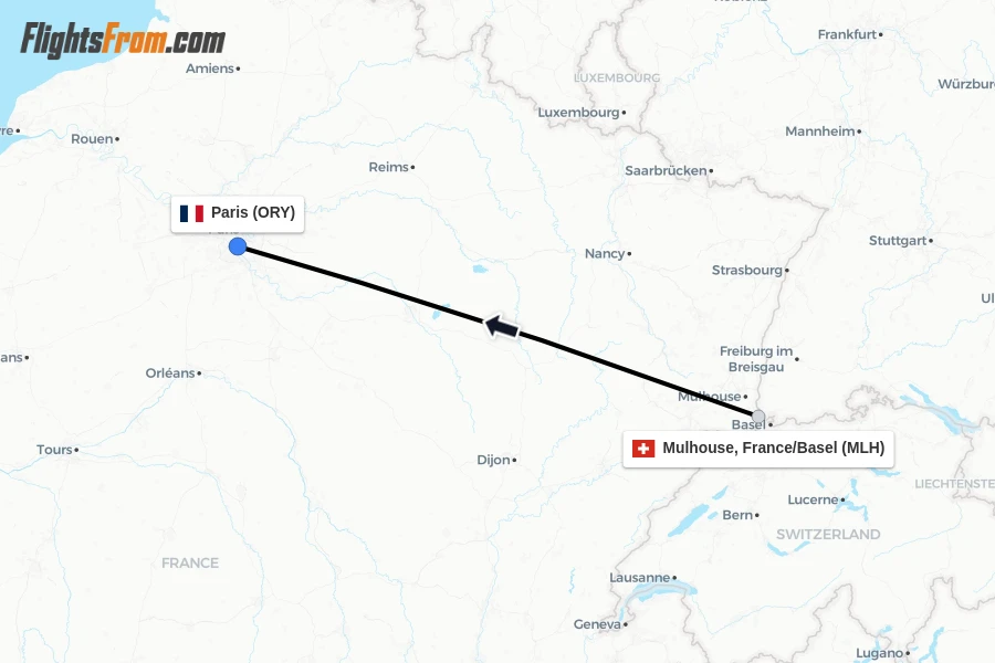 Flights from Mulhouse, France/Basel to Paris route map