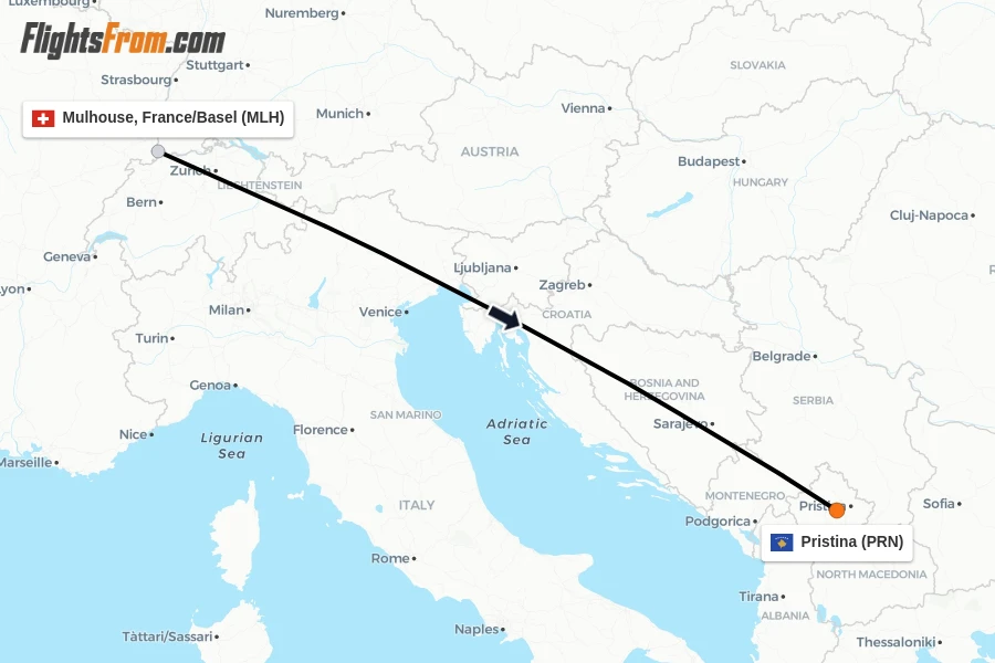 Flights from Mulhouse, France/Basel to Pristina route map