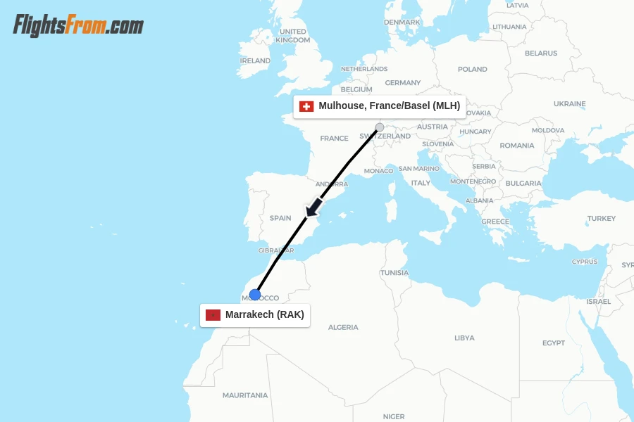 Flights from Mulhouse, France/Basel to Marrakech route map