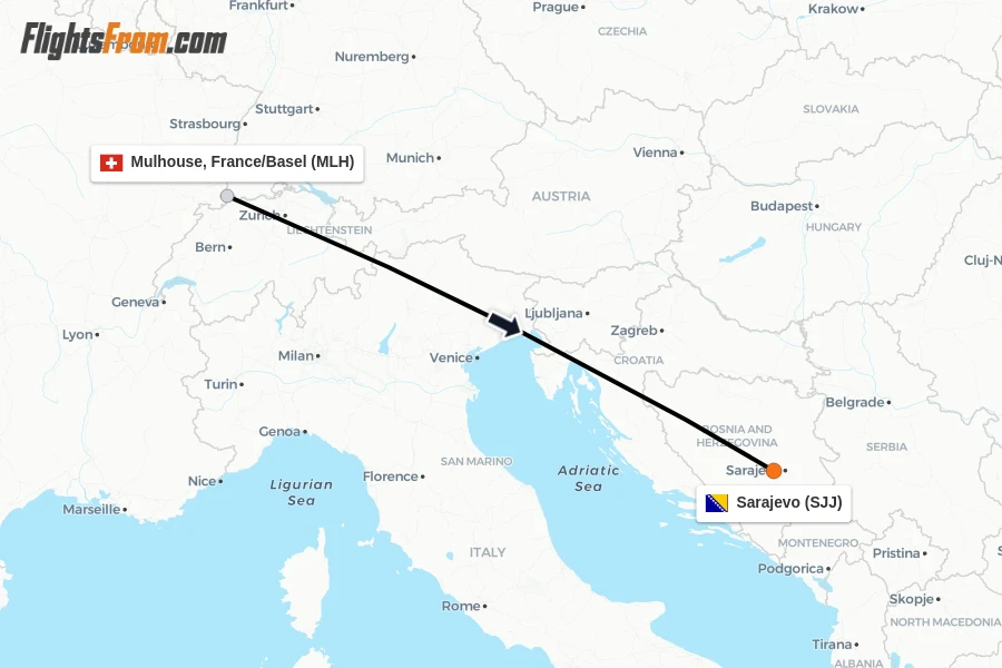 Flights from Mulhouse, France/Basel to Sarajevo route map