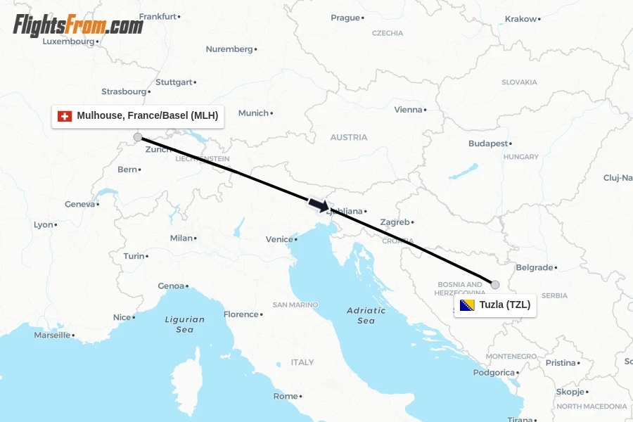 Flights from Mulhouse, France/Basel to Tuzla route map