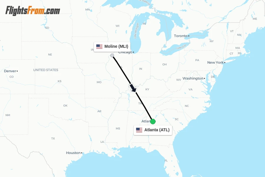 Flights from Moline to Atlanta route map