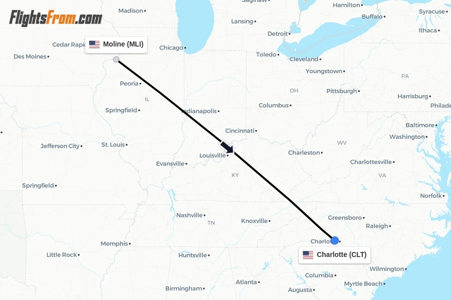 Flights from Moline to Charlotte route map