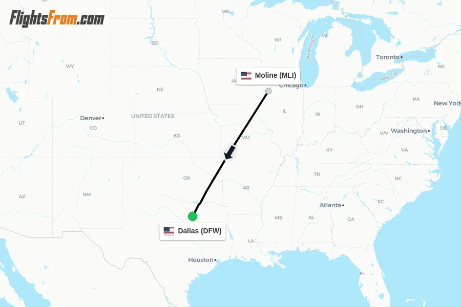 Flights from Moline to Dallas route map