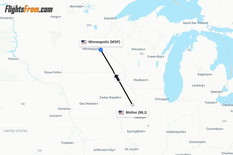 Flights from Moline to Minneapolis route map