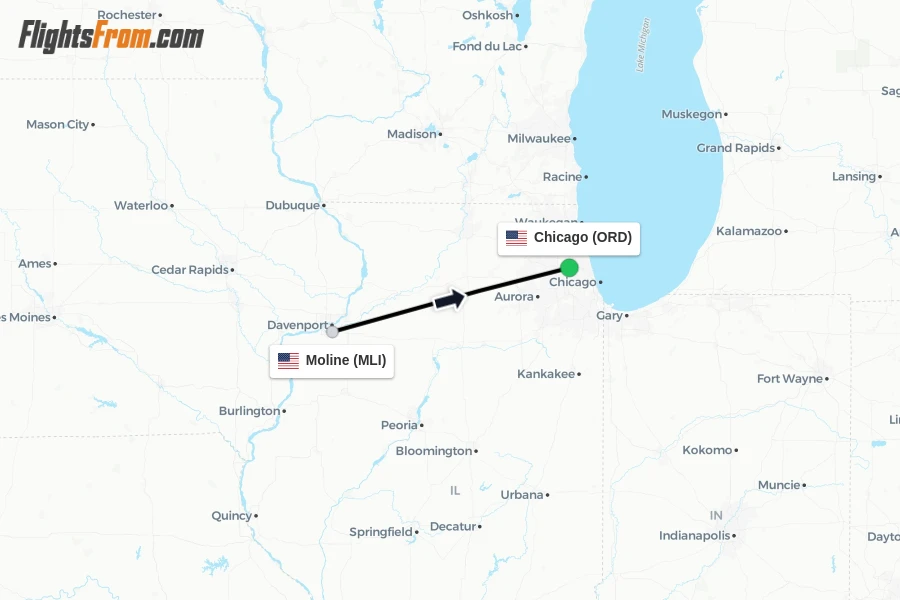 Flights from Moline to Chicago route map