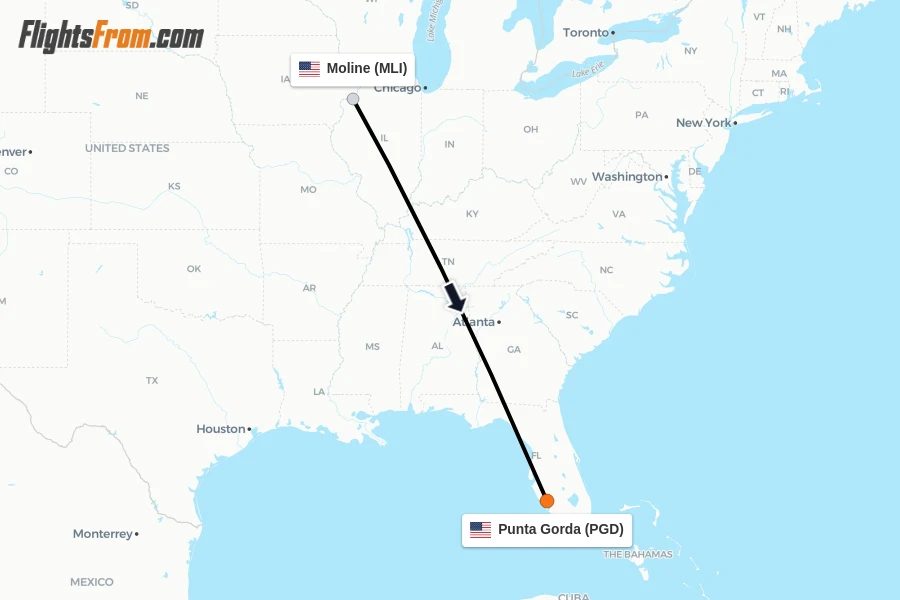 Flights from Moline to Punta Gorda route map