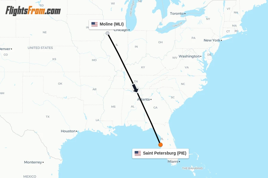 Flights from Moline to Saint Petersburg route map