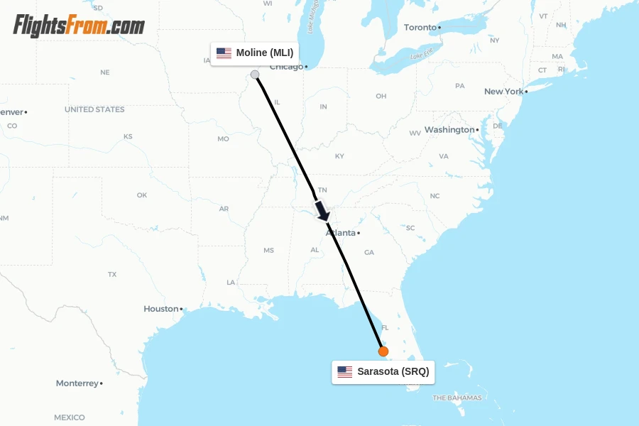 Flights from Moline to Sarasota route map