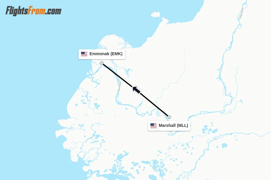 Flights from Marshall to Emmonak route map