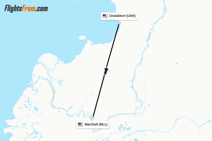 Flights from Marshall to Unalakleet route map