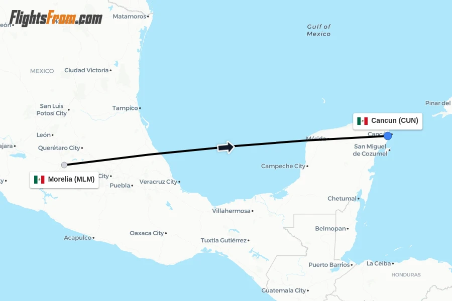Flights from Morelia to Cancun route map