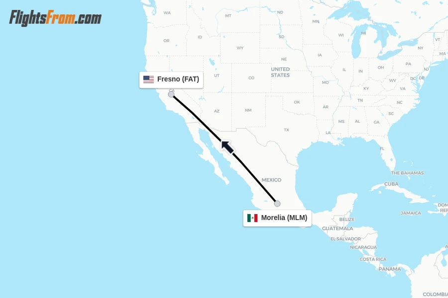 Flights from Morelia to Fresno route map