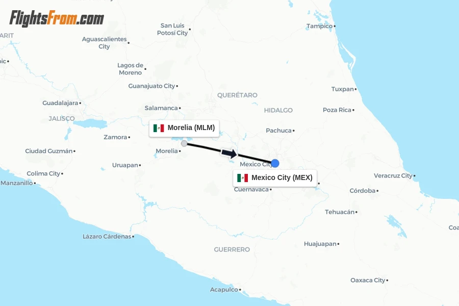Flights from Morelia to Mexico City route map