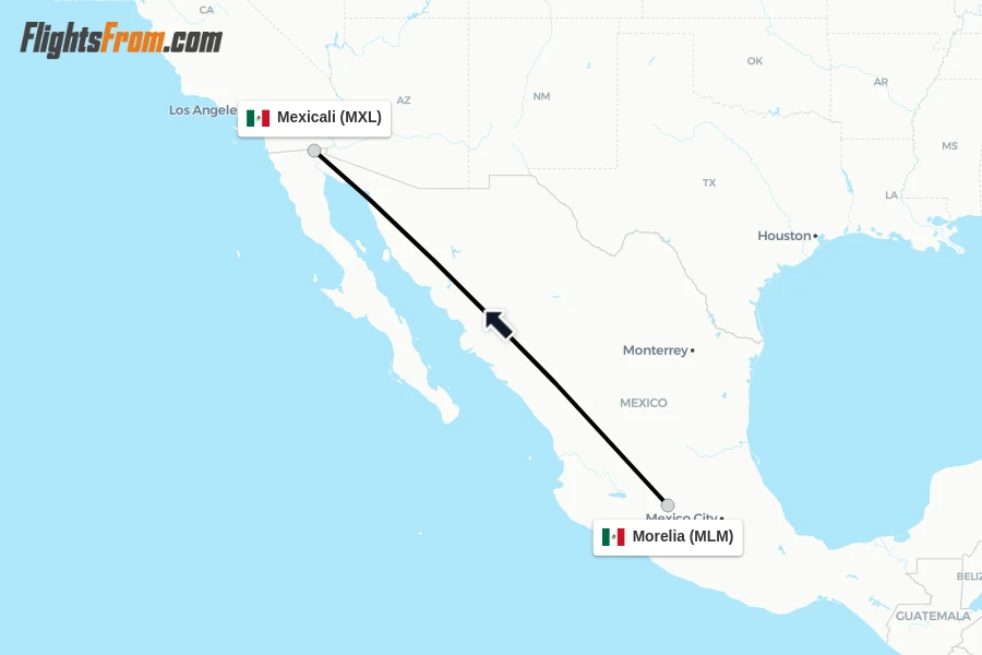 Flights from Morelia to Mexicali route map