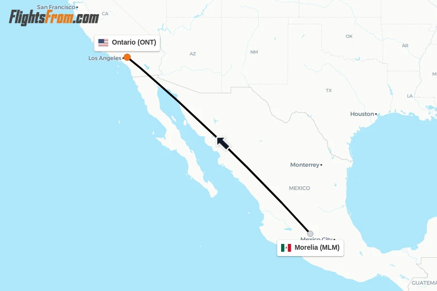 Flights from Morelia to Ontario route map