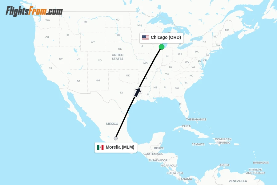 Flights from Morelia to Chicago route map