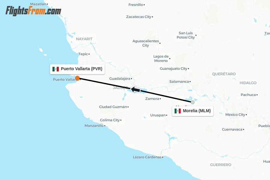 Flights from Morelia to Puerto Vallarta route map