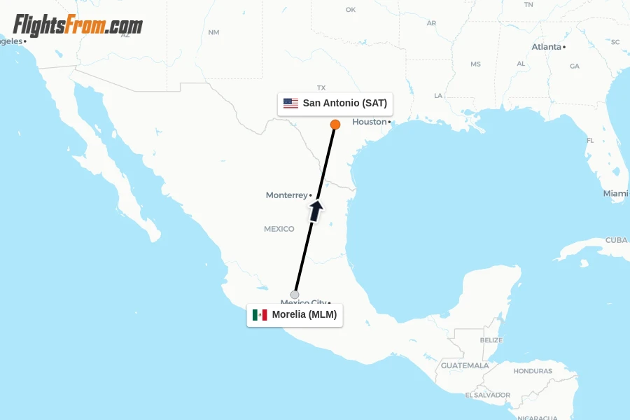Flights from Morelia to San Antonio route map