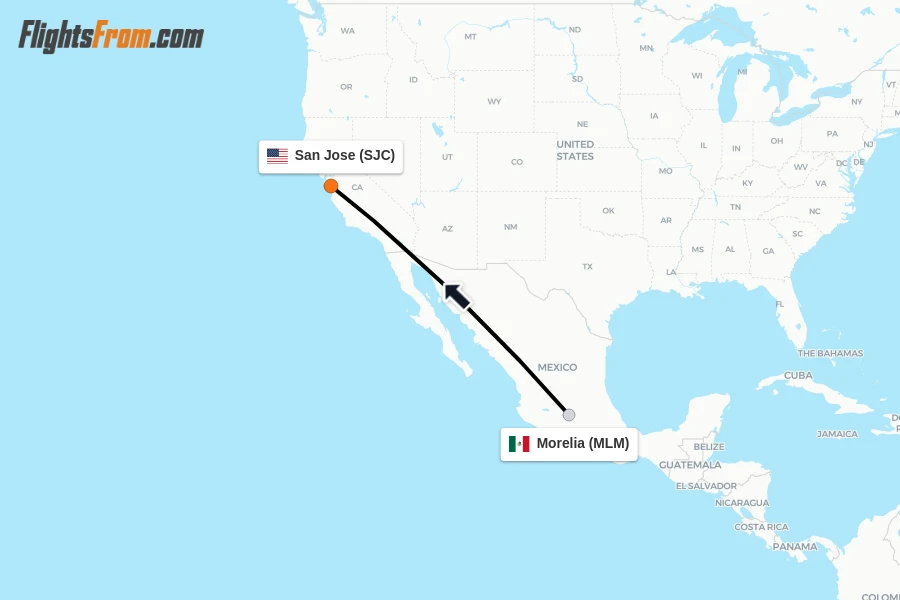 Flights from Morelia to San Jose route map