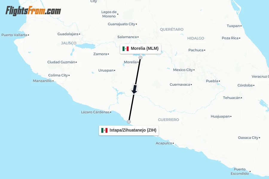 Flights from Morelia to Ixtapa/Zihuatanejo route map