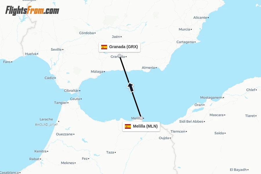 Flights from Melilla to Granada route map