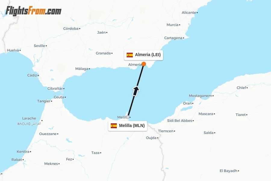 Flights from Melilla to Almeria route map