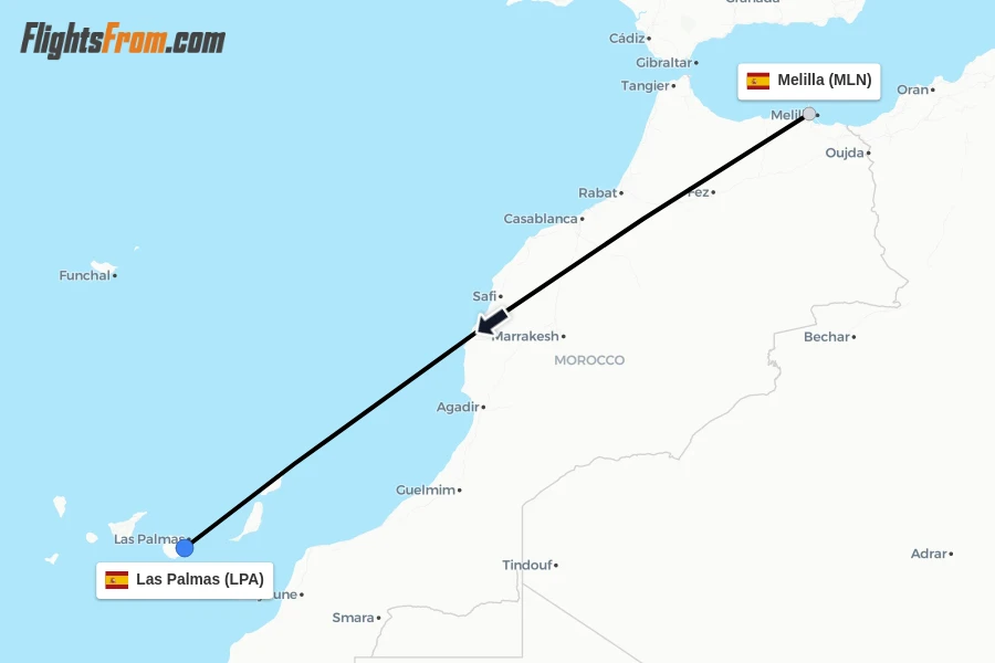 Flights from Melilla to Las Palmas route map
