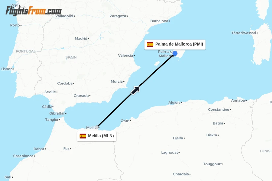 Flights from Melilla to Palma de Mallorca route map