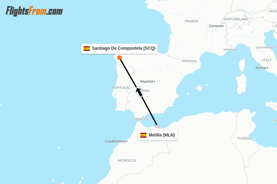 Flights from Melilla to Santiago De Compostela route map