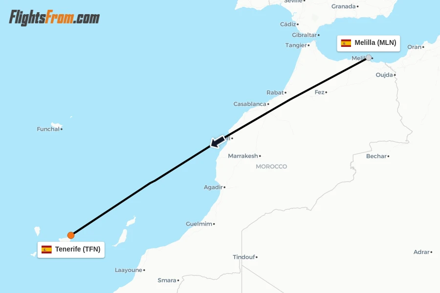 Flights from Melilla to Tenerife route map