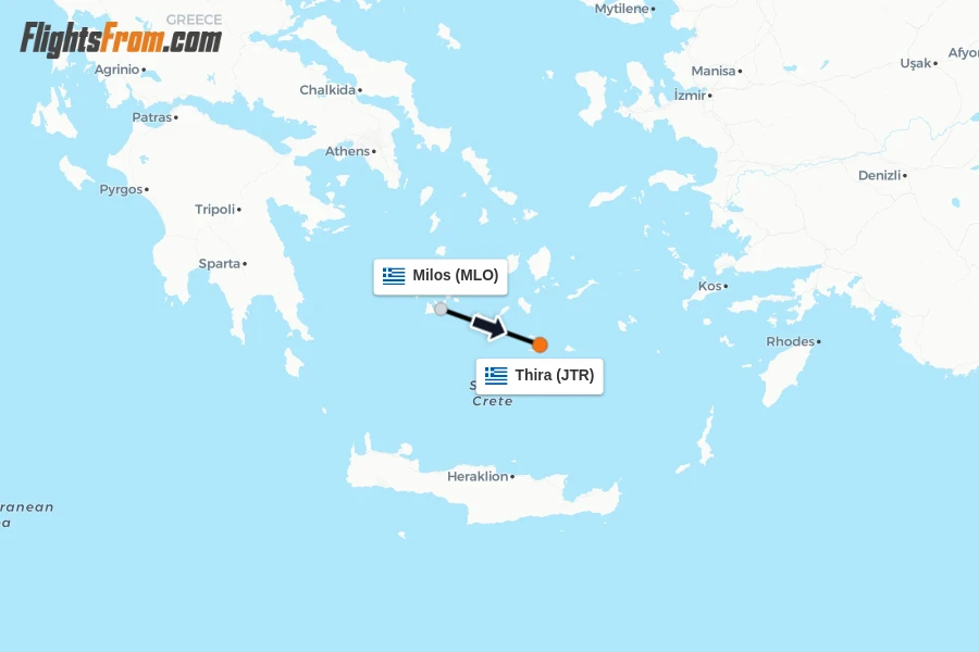 Flights from Milos to Thira route map